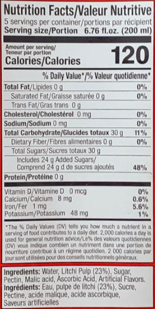 The Nutrition Facts of Dabur Real Litchi Juice Drink