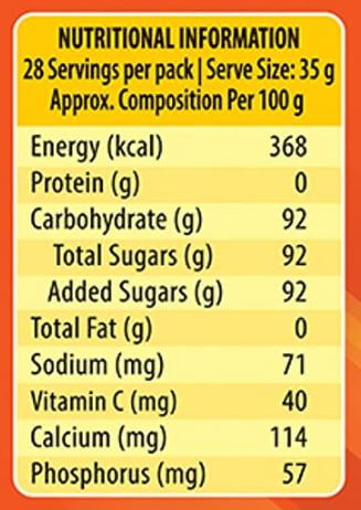 The Nutrition Facts of Glucon-D Glucose Beverage Mix Tangy Orange