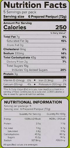 The Nutrition Facts of Haldiram's Pani Puri Concentrate 