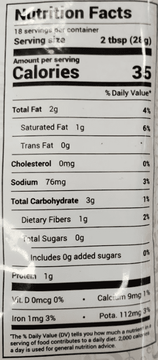 The Nutrition Facts of HandS Coconut Chutney Original 